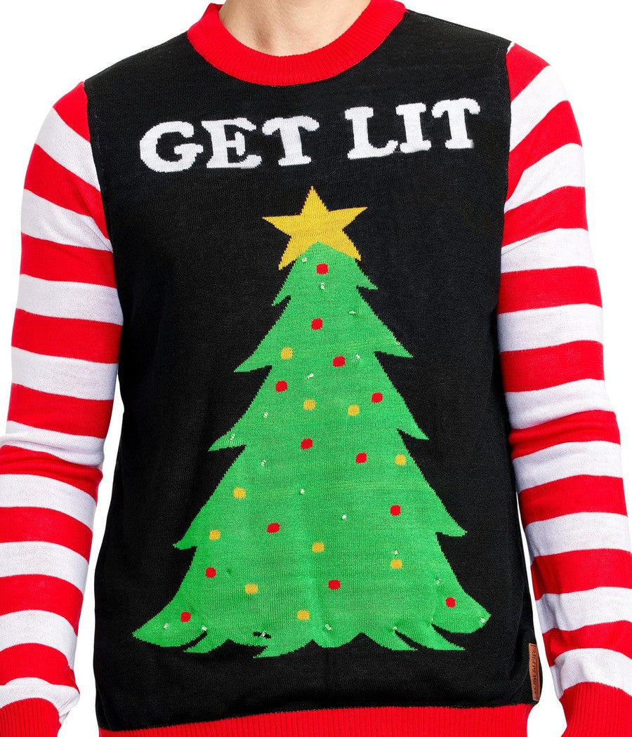 Mens Light Up Christmas Tree Sweater with Get Lit Lettering, Candy Cane Arms, and Batteries