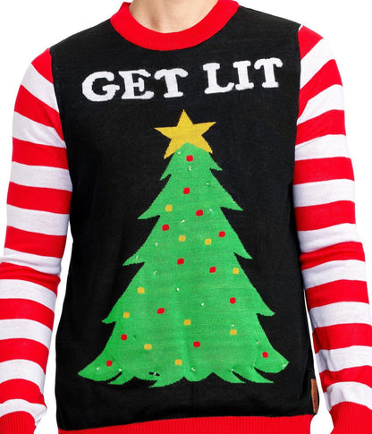 Mens Light Up Christmas Tree Sweater with Get Lit Lettering, Candy Cane Arms, and Batteries