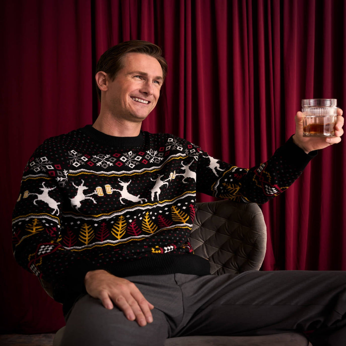 Mens Eighties Style Christmas Sweater with Reindeer, Beer Mugs, Trees, and Snowflakes