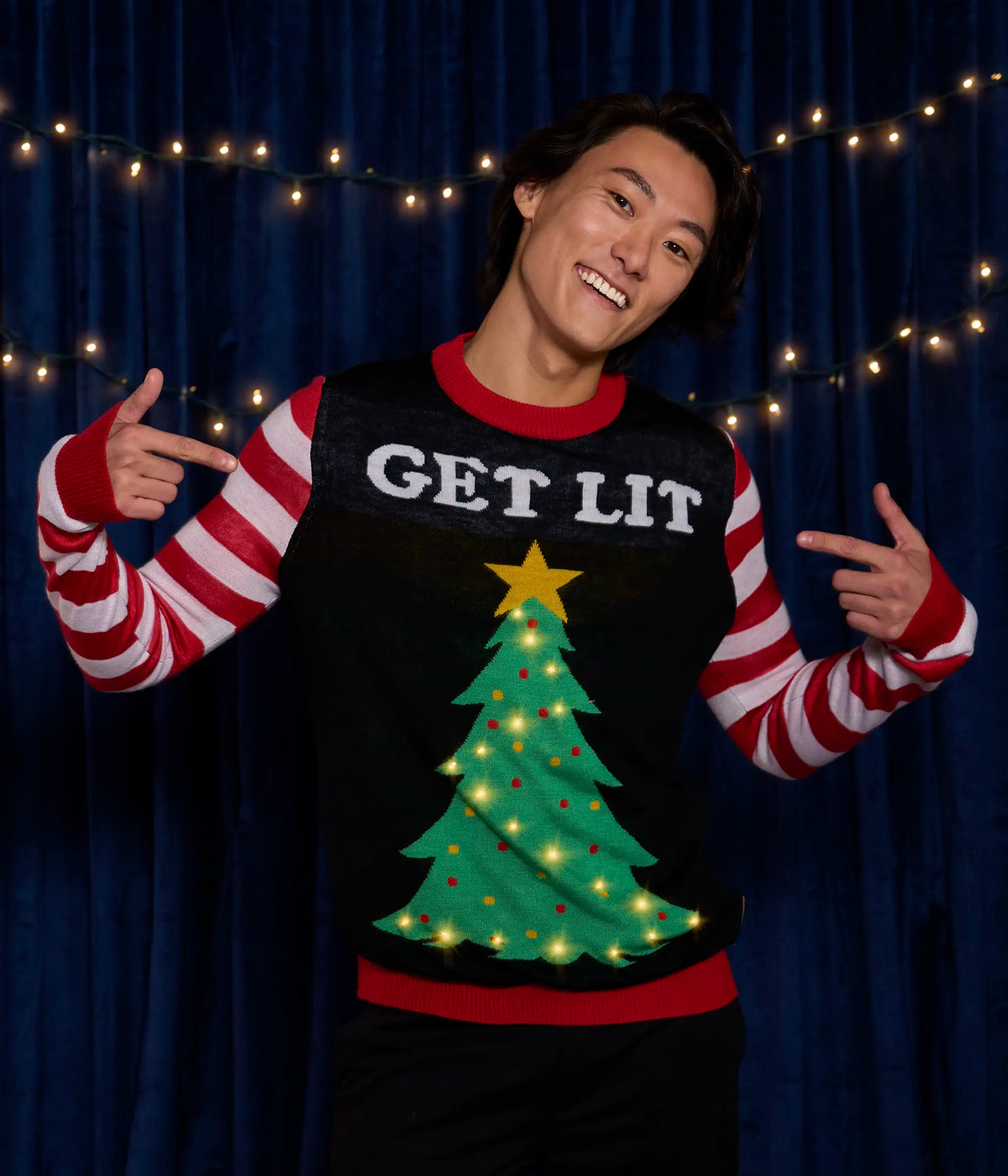Mens Light Up Christmas Tree Sweater with Get Lit Lettering, Candy Cane Arms, and Batteries