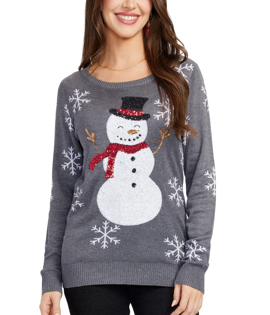 Womens Soft Gray Sweater with a Cheerful Snowman and Sequined Snowflake Sleeves