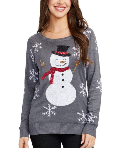 Womens Soft Gray Sweater with a Cheerful Snowman and Sequined Snowflake Sleeves