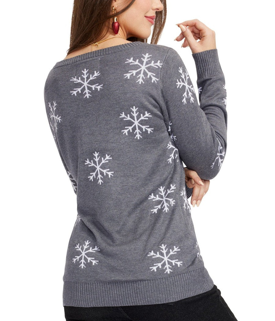 Womens Soft Gray Sweater with a Cheerful Snowman and Sequined Snowflake Sleeves