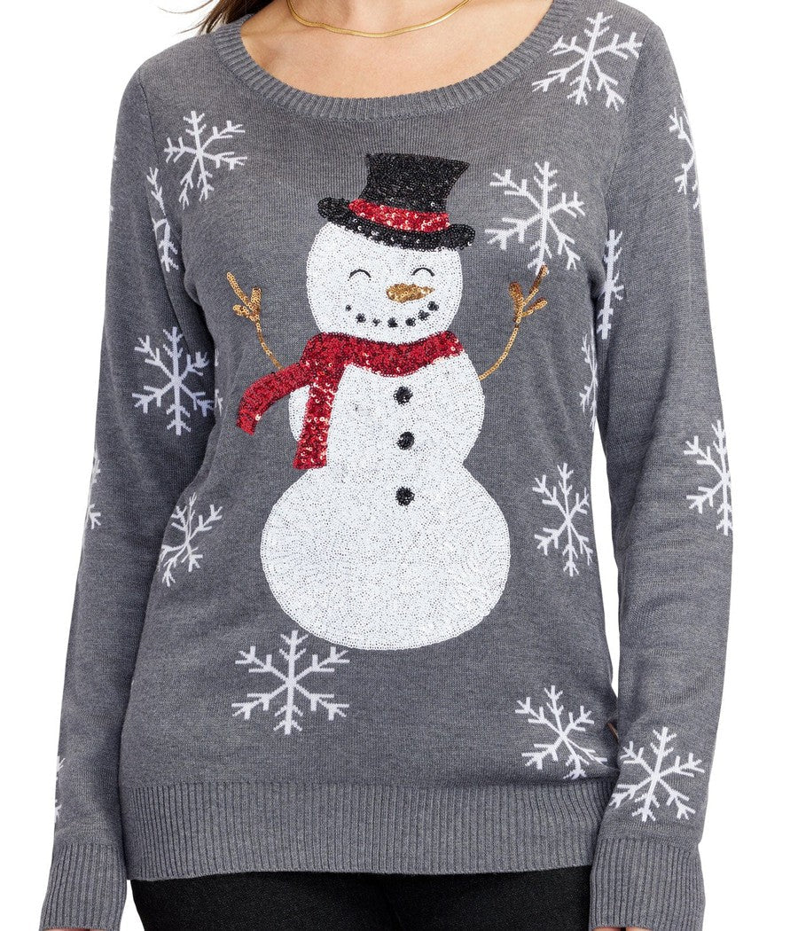 Womens Soft Gray Sweater with a Cheerful Snowman and Sequined Snowflake Sleeves