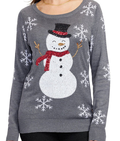 Womens Soft Gray Sweater with a Cheerful Snowman and Sequined Snowflake Sleeves