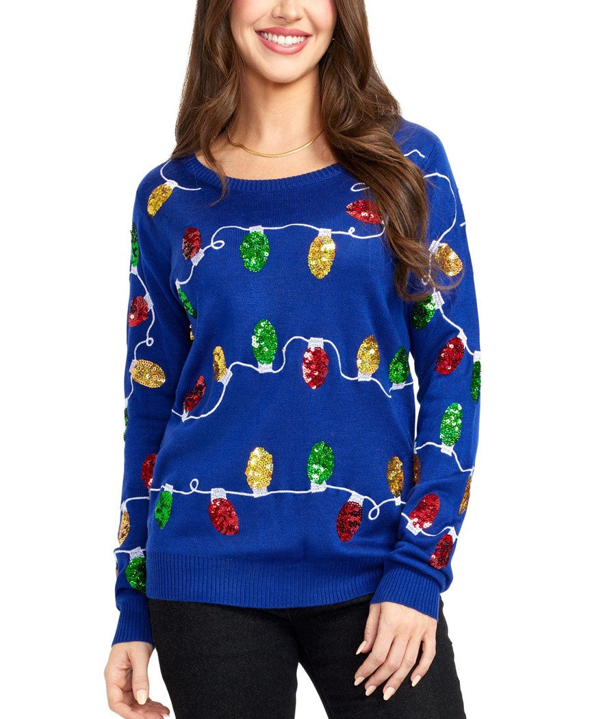 Womens Blue Sweater with Christmas Light Bulbs and Trees for Holiday Parties