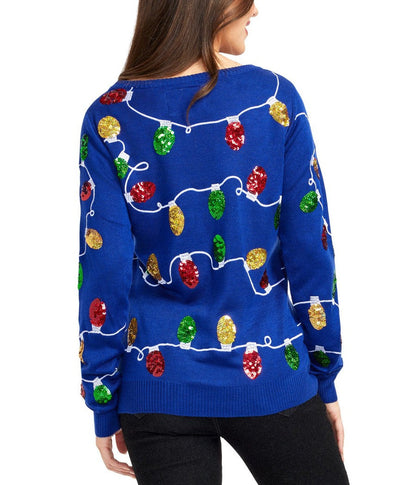 Womens Blue Sweater with Christmas Light Bulbs and Trees for Holiday Parties