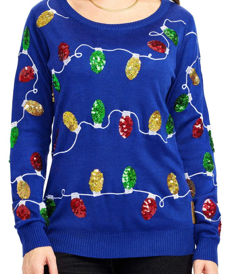 Womens Blue Sweater with Christmas Light Bulbs and Trees for Holiday Parties