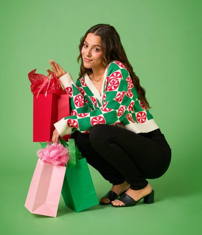 Womens Mint Checker Cropped Cardigan Knit with Retro Holiday Appeal