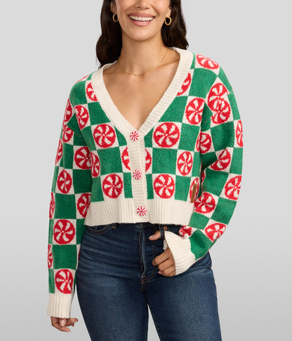 Womens Mint Checker Cropped Cardigan Knit with Retro Holiday Appeal