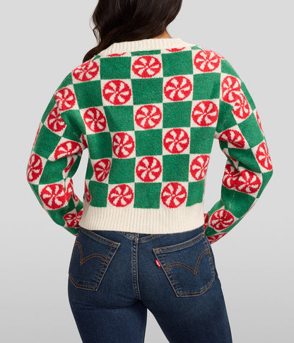 Womens Mint Checker Cropped Cardigan Knit with Retro Holiday Appeal