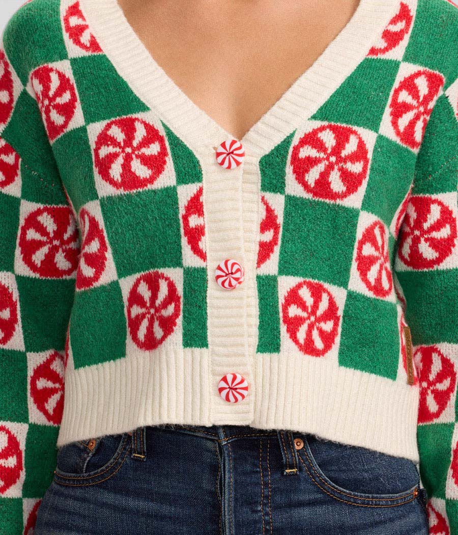 Womens Mint Checker Cropped Cardigan Knit with Retro Holiday Appeal