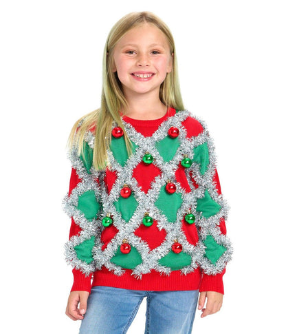 Girls Red and Green Tinsel Trim Sweater for Christmas Parties and Photos