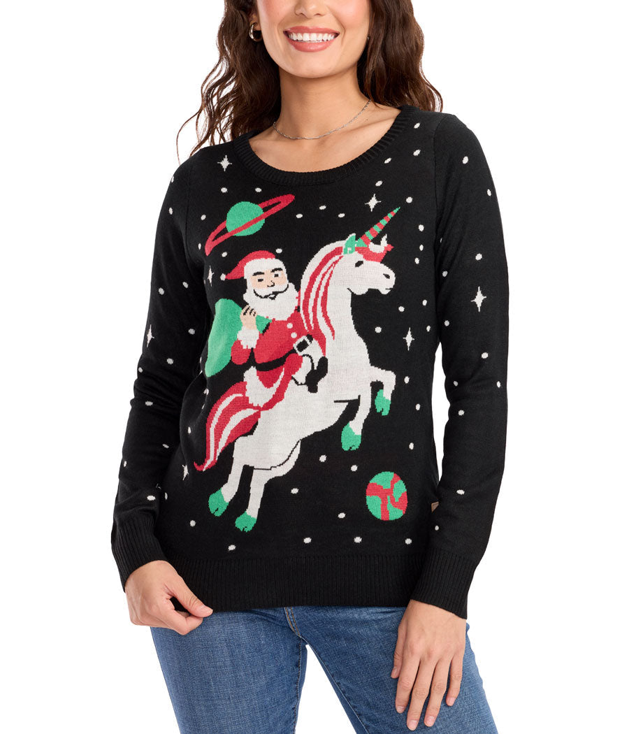 Womens Holiday Sweater in Black Featuring a Jolly Santa Astride a Unicorn