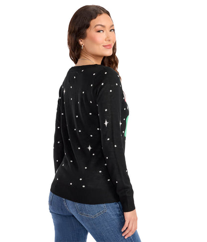Womens Holiday Sweater in Black Featuring a Jolly Santa Astride a Unicorn