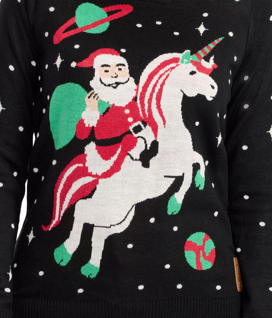 Womens Holiday Sweater in Black Featuring a Jolly Santa Astride a Unicorn