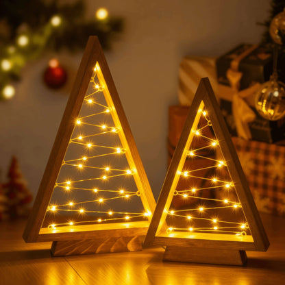 Two Piece Wooden Look Triangle Tree Set with Golden Lights in 14 and 10 Inch Heights for Mantels and Tables