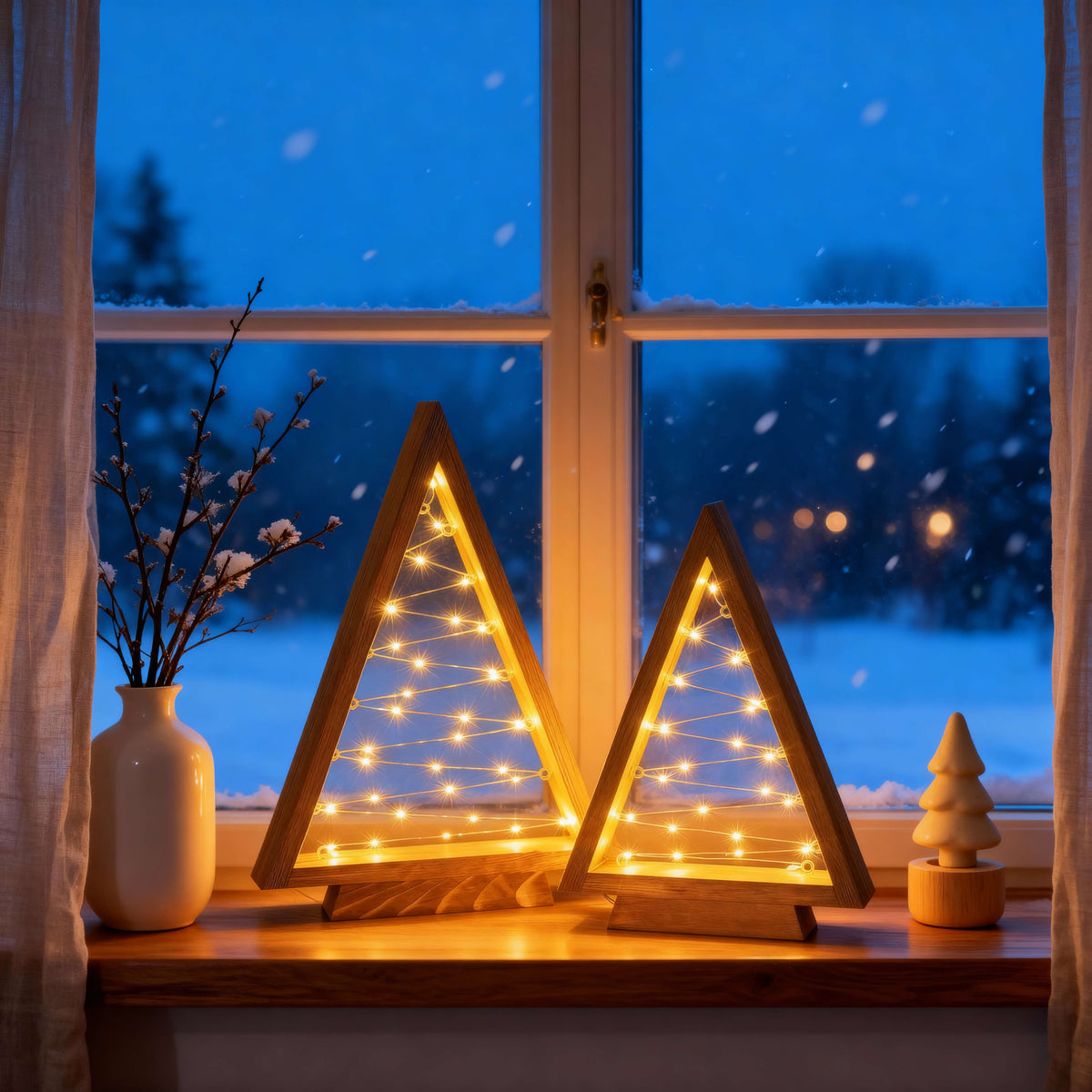 Two Piece Wooden Look Triangle Tree Set with Golden Lights in 14 and 10 Inch Heights for Mantels and Tables