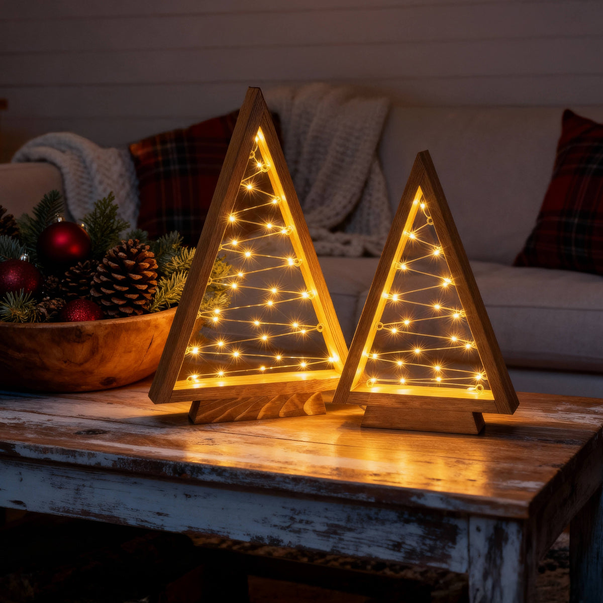 Two Piece Wooden Look Triangle Tree Set with Golden Lights in 14 and 10 Inch Heights for Mantels and Tables