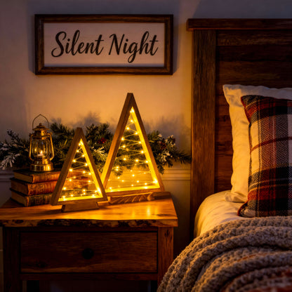 Two Piece Wooden Look Triangle Tree Set with Golden Lights in 14 and 10 Inch Heights for Mantels and Tables