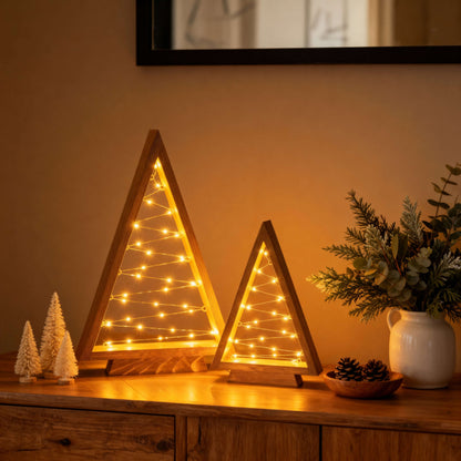 Two Piece Wooden Look Triangle Tree Set with Golden Lights in 14 and 10 Inch Heights for Mantels and Tables