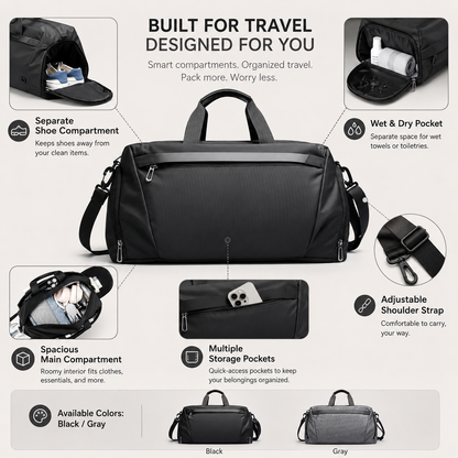 Gym Duffel Bag with Ventilated Shoe Compartment and Wet Dry Divider