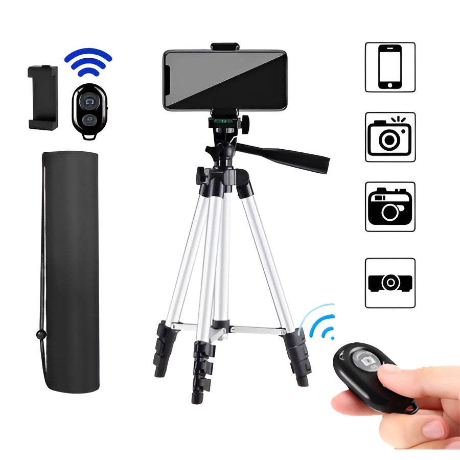 Compact Tripod Stand with Wireless Remote and Phone Holder for Phones and DSLR Cameras