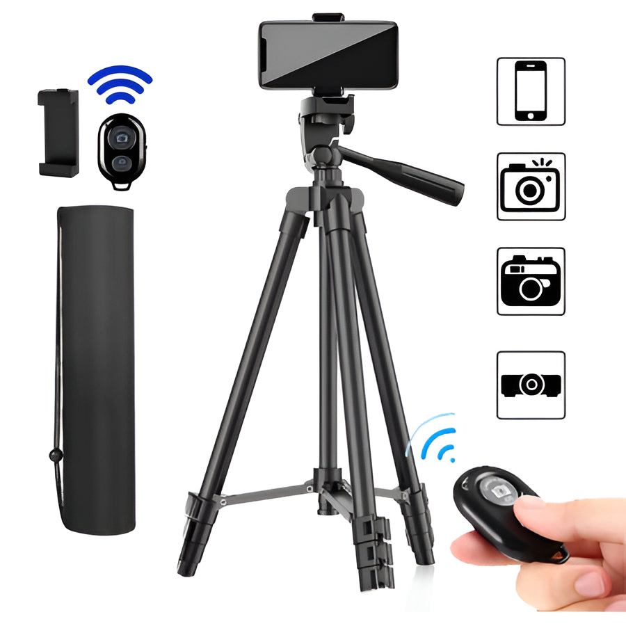 Compact Tripod Stand with Wireless Remote and Phone Holder for Phones and DSLR Cameras
