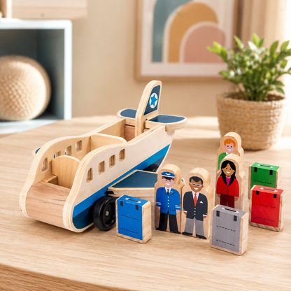 Wooden Push Pull Airplane with Pilot and Passenger Figures for Toddlers