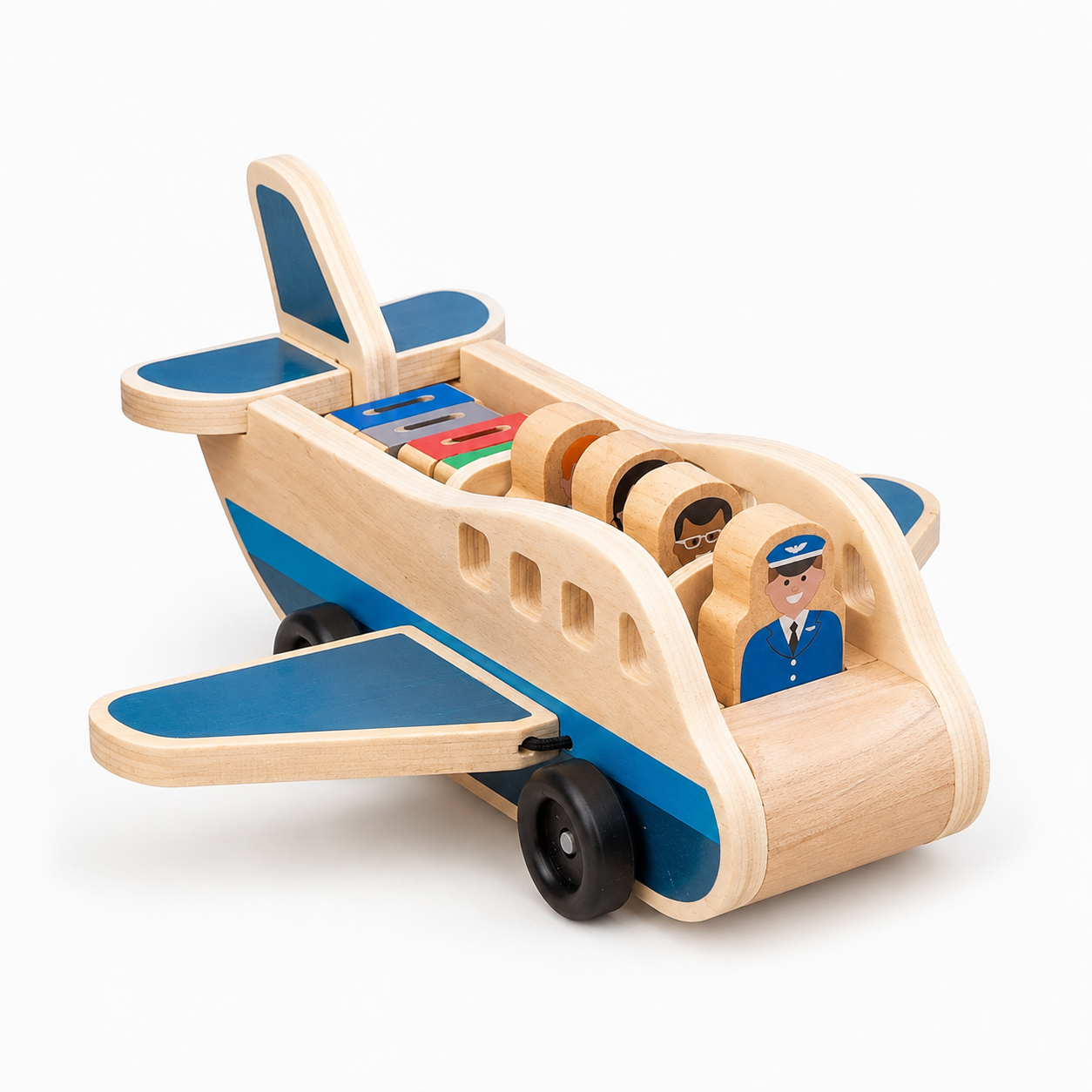 Wooden Push Pull Airplane with Pilot and Passenger Figures for Toddlers