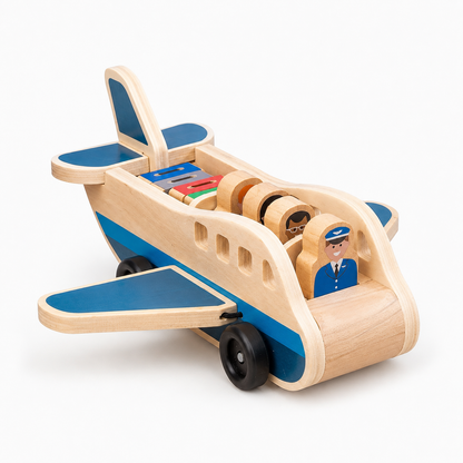 Wooden Push Pull Airplane with Pilot and Passenger Figures for Toddlers
