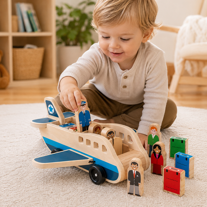 Wooden Push Pull Airplane with Pilot and Passenger Figures for Toddlers