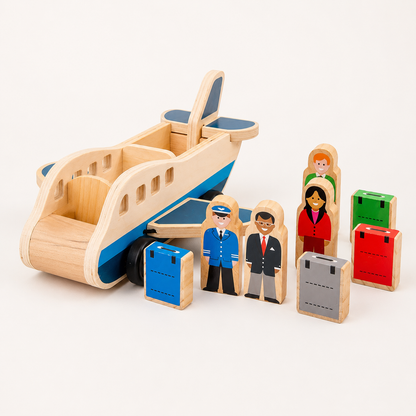Wooden Push Pull Airplane with Pilot and Passenger Figures for Toddlers