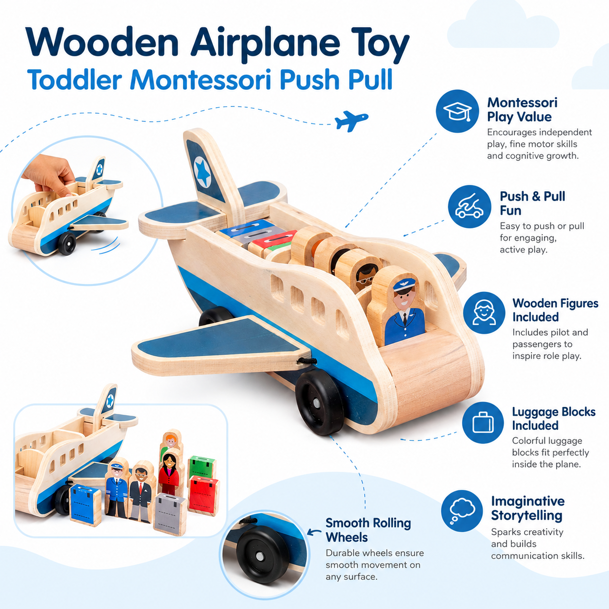 Wooden Push Pull Airplane with Pilot and Passenger Figures for Toddlers