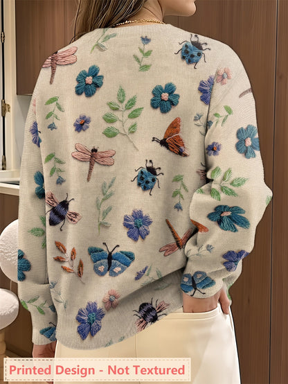 Womens Floral Crewneck Sweater with Botanical Print and Relaxed Fit