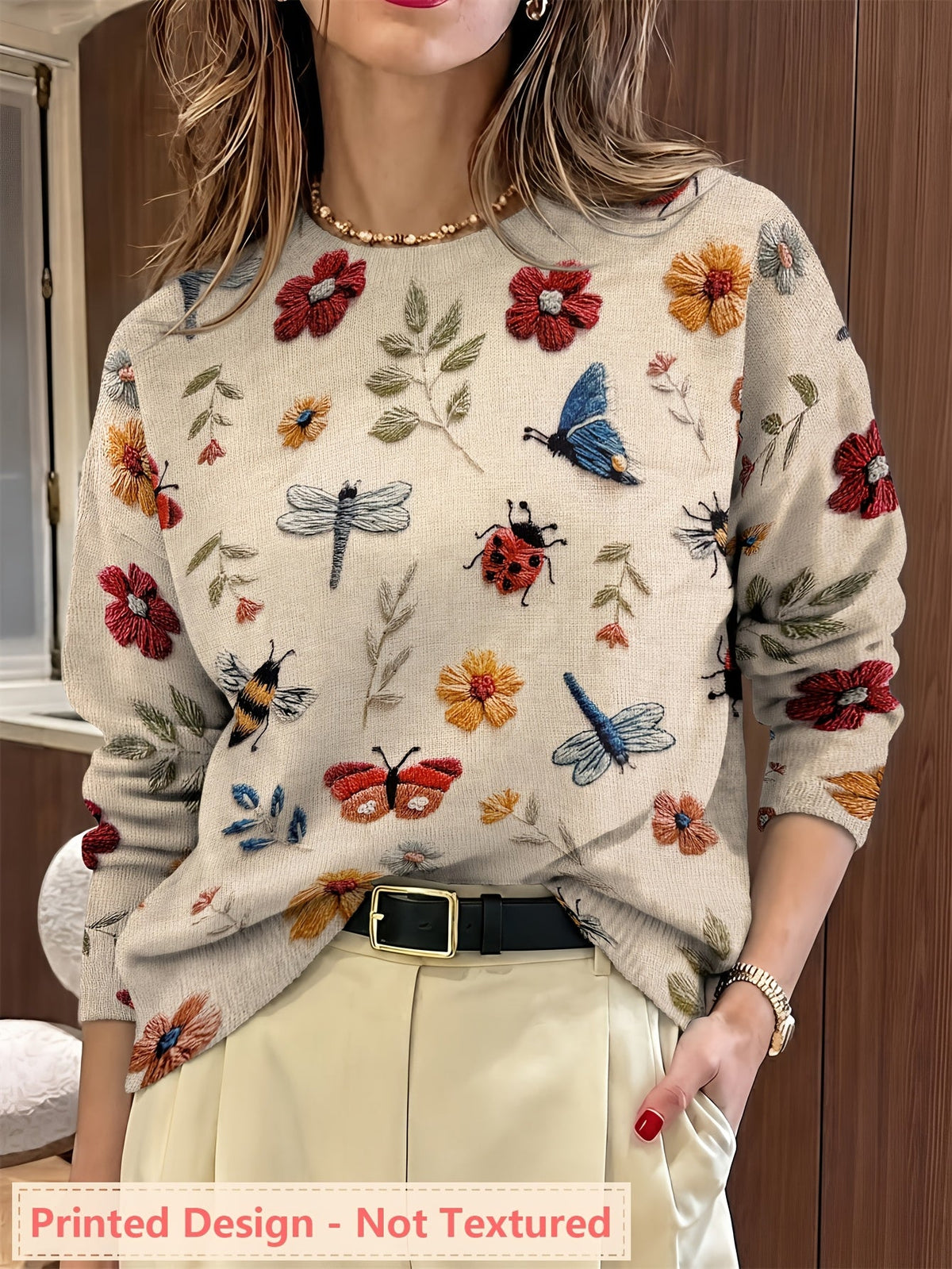 Womens Floral Crewneck Sweater with Botanical Print and Relaxed Fit