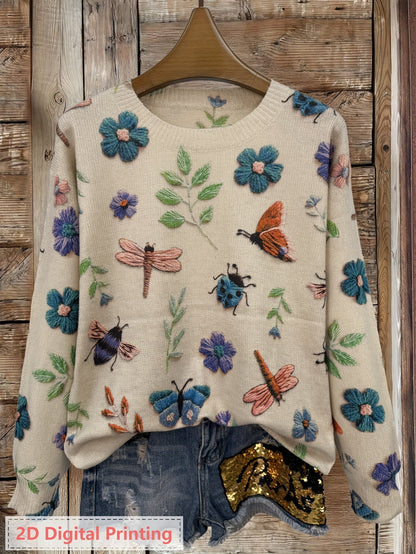 Womens Floral Crewneck Sweater with Botanical Print and Relaxed Fit