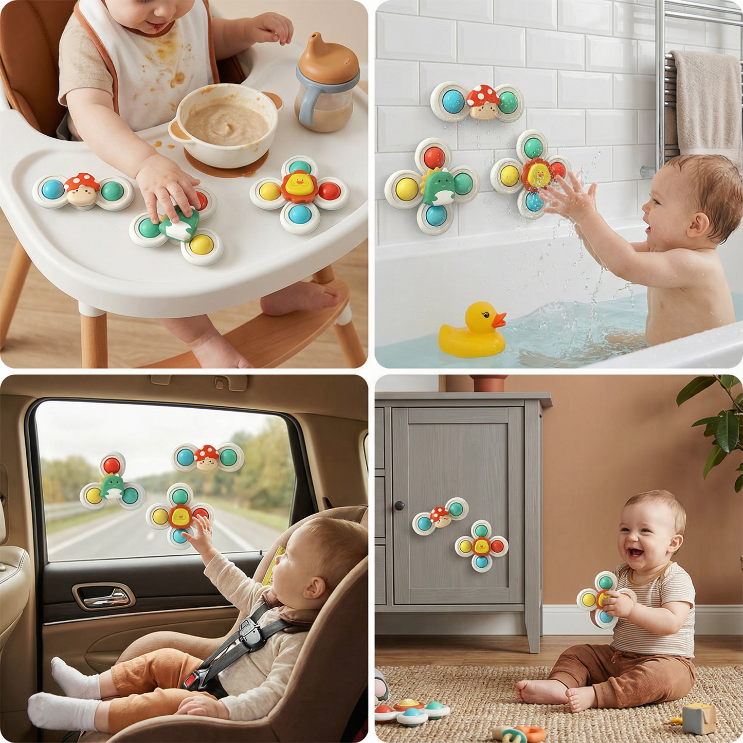 Suction Cup Spinning Toys for Babies, 3 Piece Set with Multiple Characters