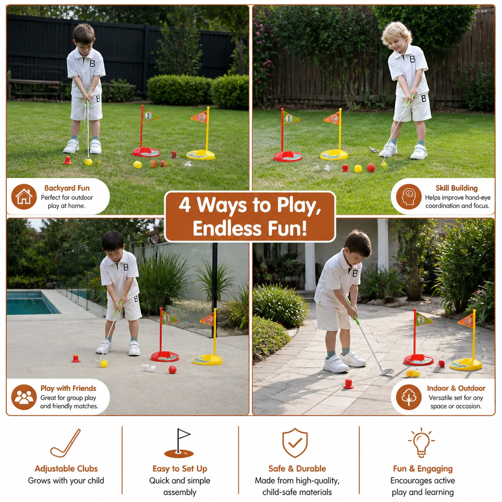 Kids Golf Set with Adjustable Clubs, Two Flags and Balls for Backyard and Indoor Play