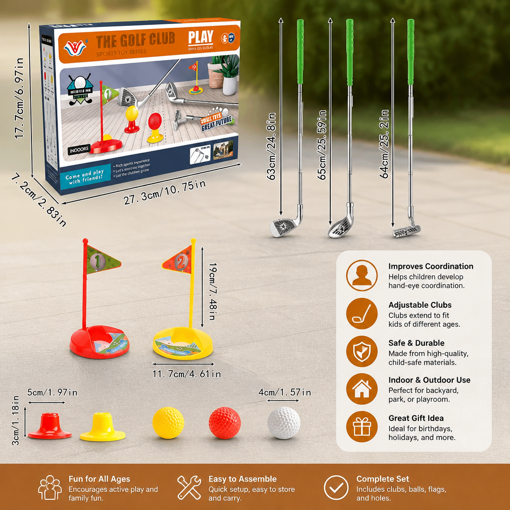 Kids Golf Set with Adjustable Clubs, Two Flags and Balls for Backyard and Indoor Play