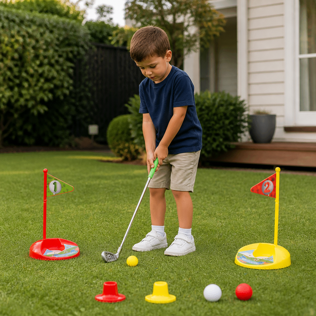 Kids Golf Set with Adjustable Clubs, Two Flags and Balls for Backyard and Indoor Play