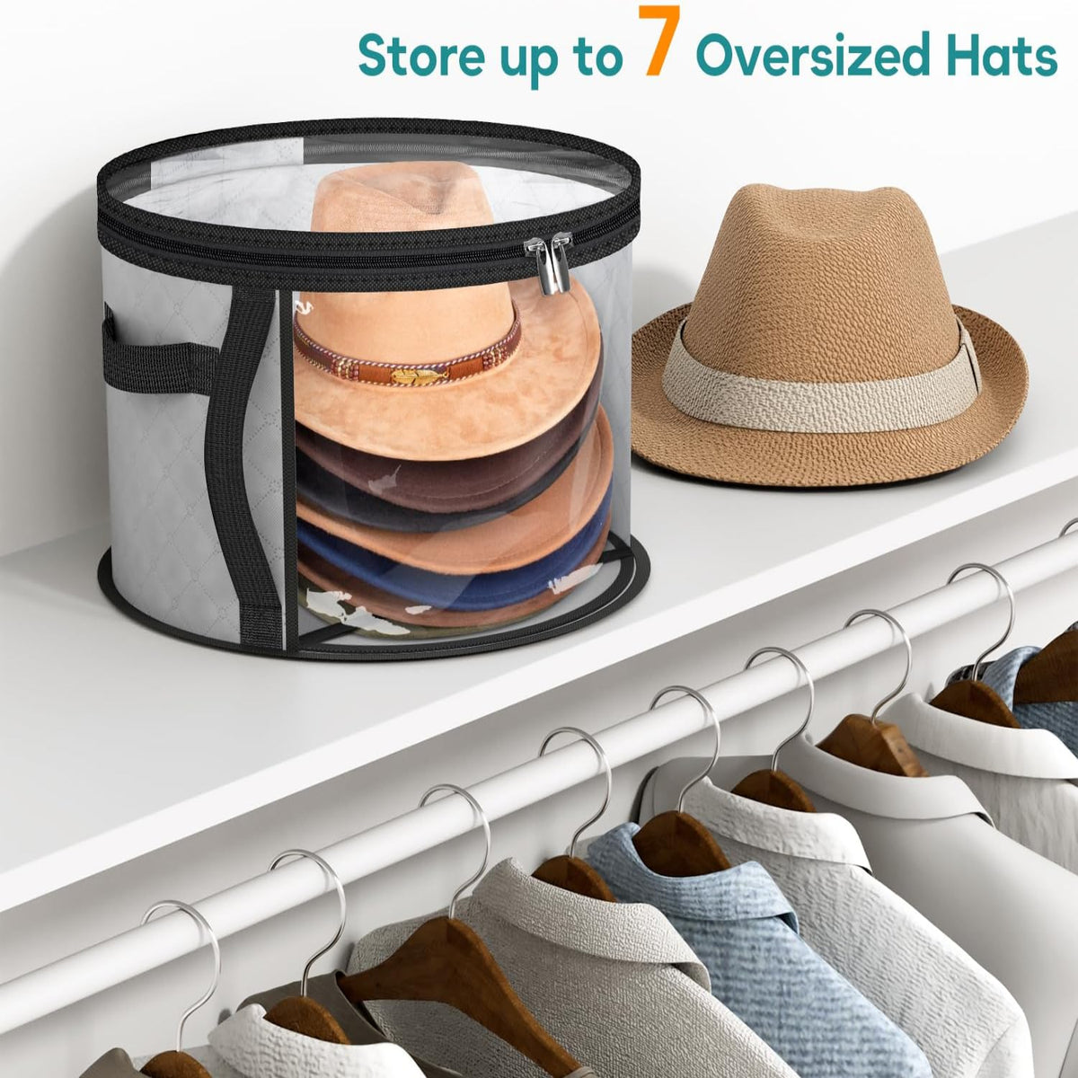 Hat Storage Case with Clear Viewing Panels and Dual Zipper, Holds 5 to 7 Wide Brim Hats