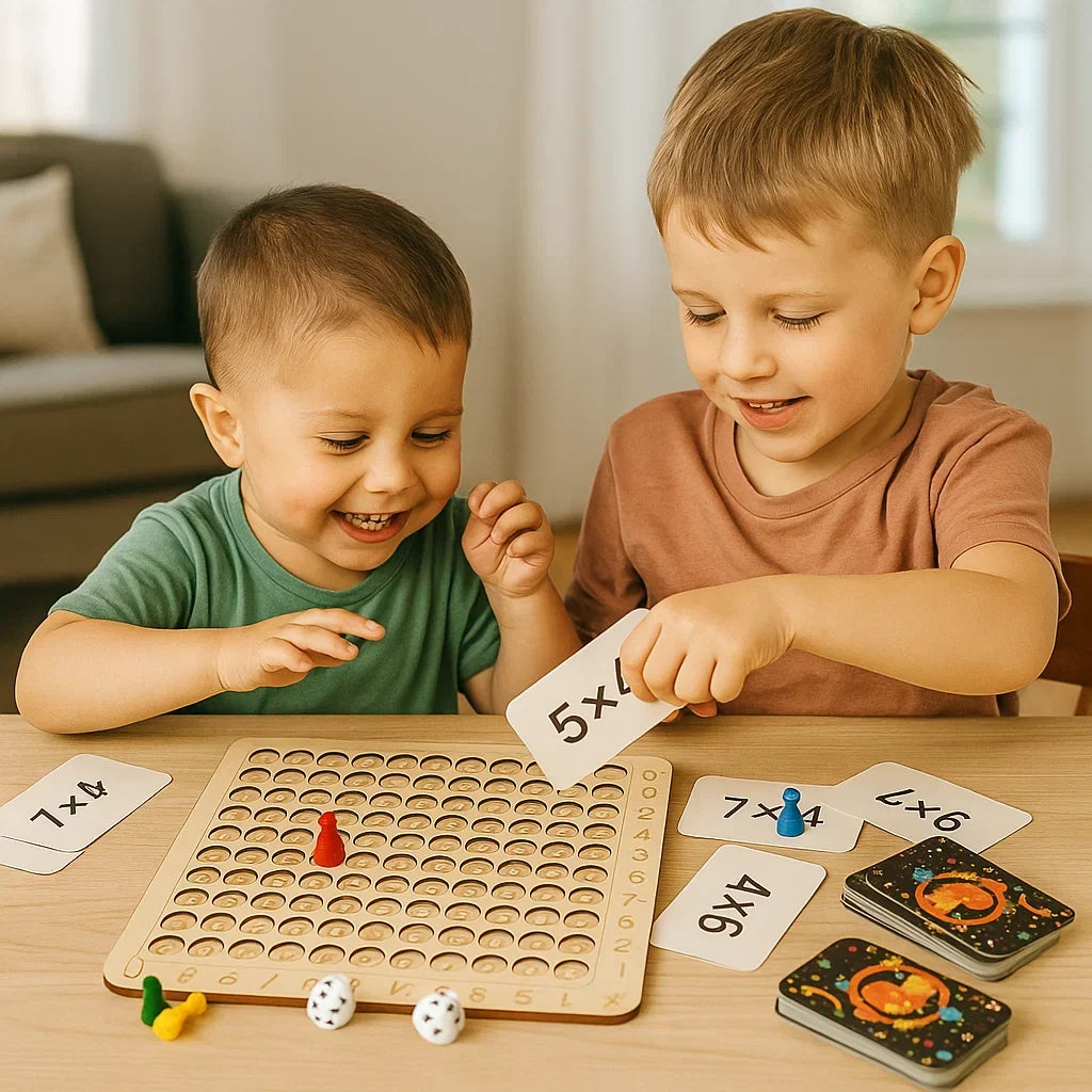 Wooden Number Board Game with Chips and Cards for Practicing Addition and Multiplication