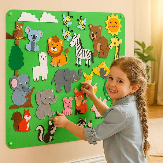 Montessori Felt Play Board Set with Reusable Felt Figures in Four Themed Worlds