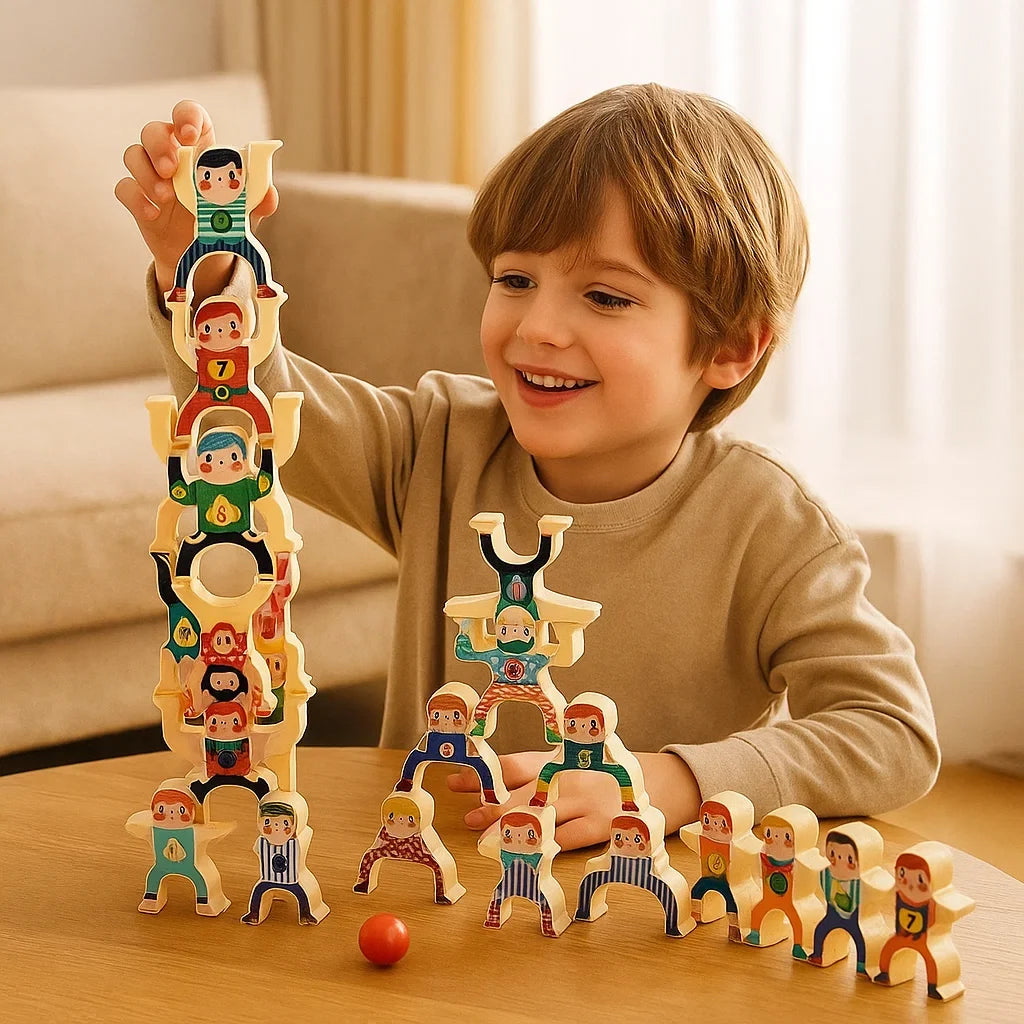 Wooden Stacking Game with Colorful Figures to Balance, Combine and Rebuild