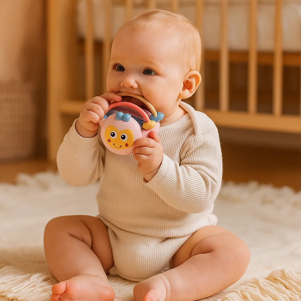 Baby Play Ball with Soft Textured Elements, Movable Rings and Bright Colors in Yellow or Pink
