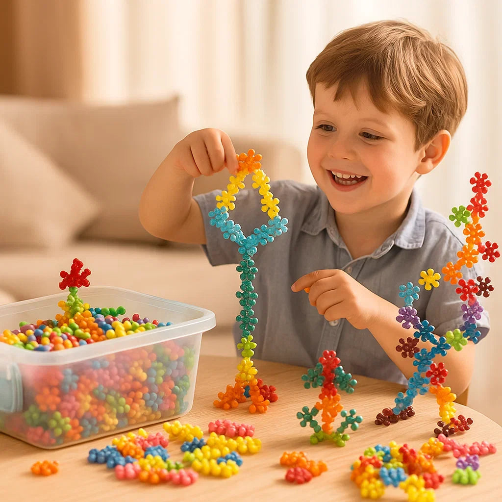 Snowflake Shaped Interlocking Building Blocks with Storage Box in Sets of 50 to 290 Pieces