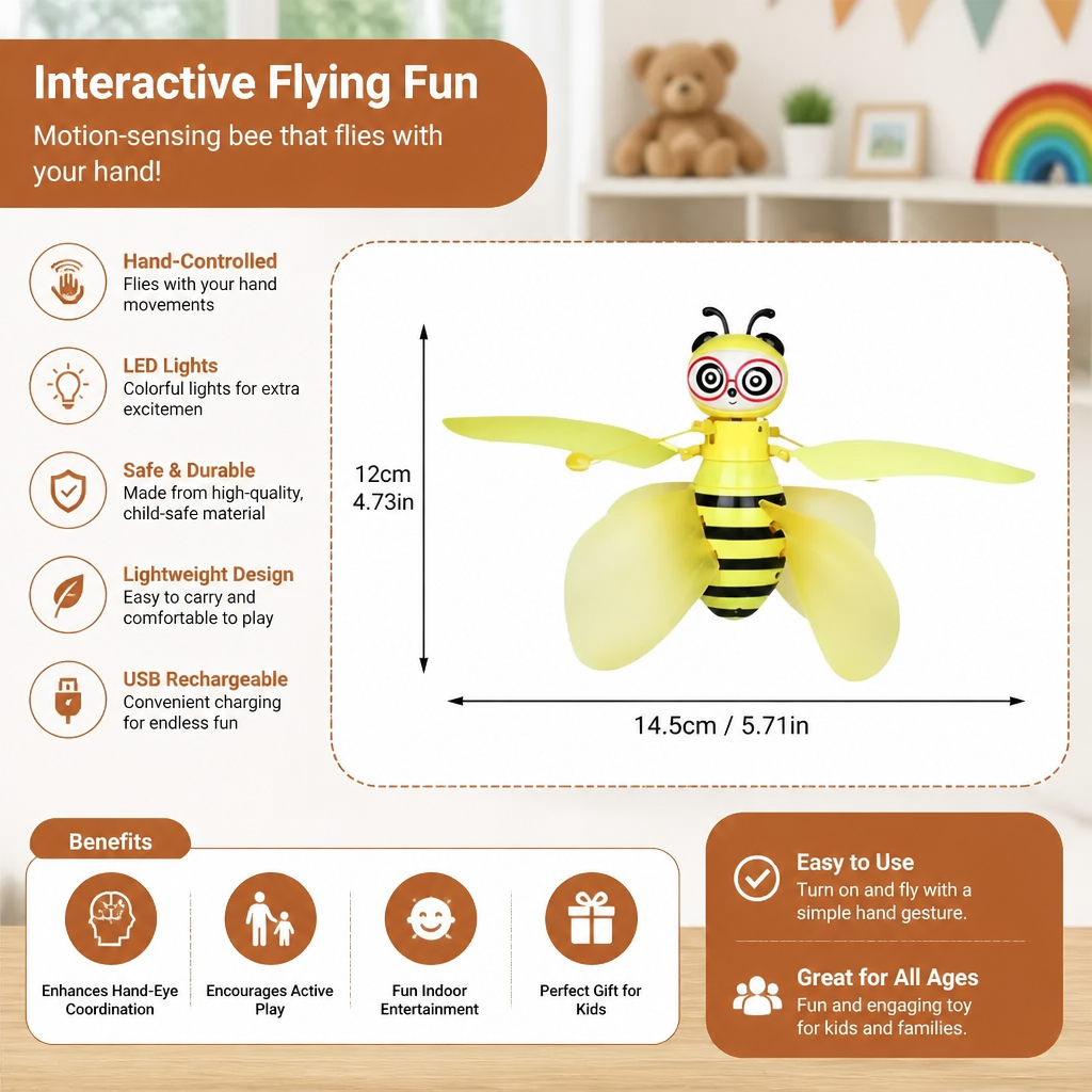Motion Sensor Flying Bee Toy with LED Lights for Indoor Play