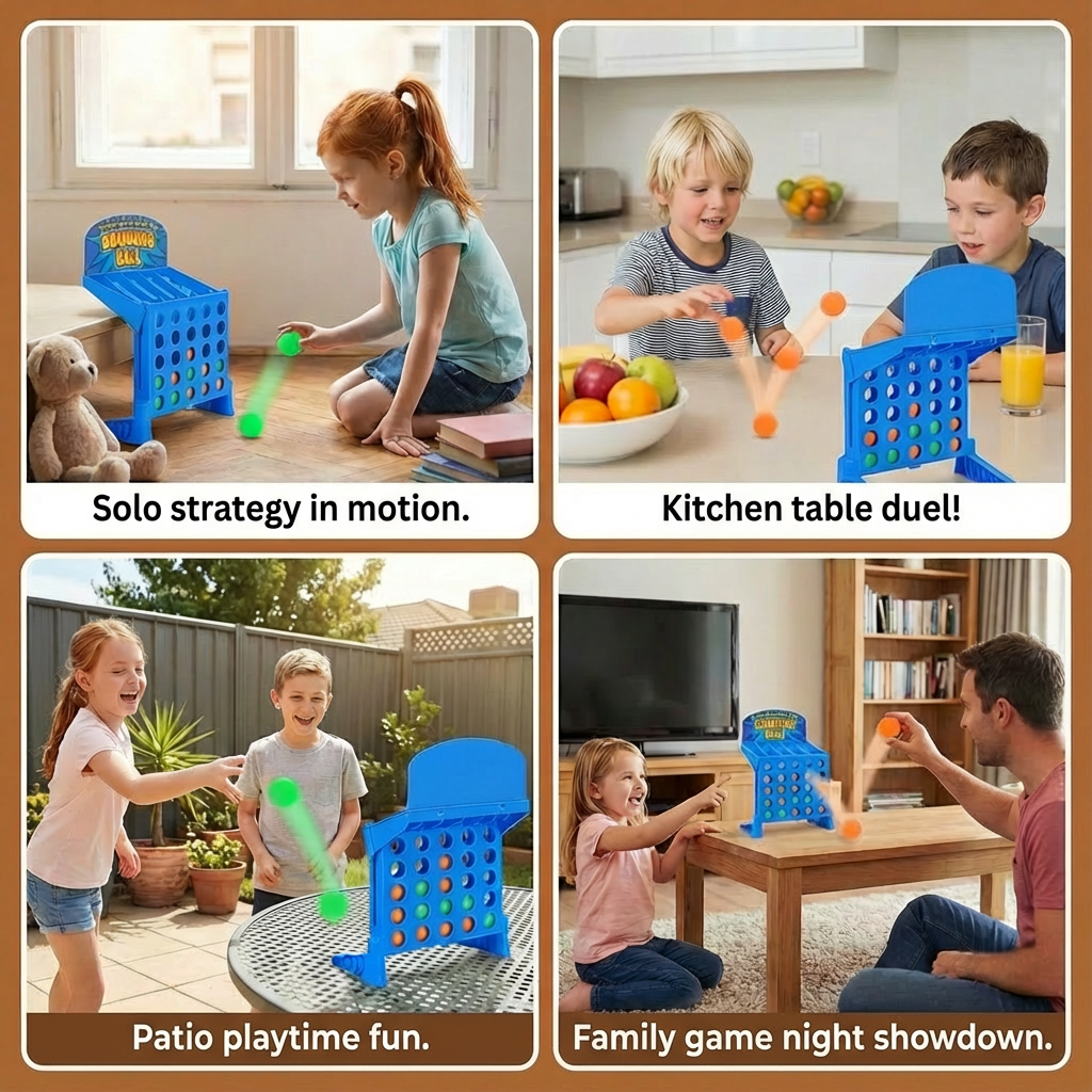 Bounce and Aim Target Game with Colorful Balls and Foldable Grid for Lining Up Four