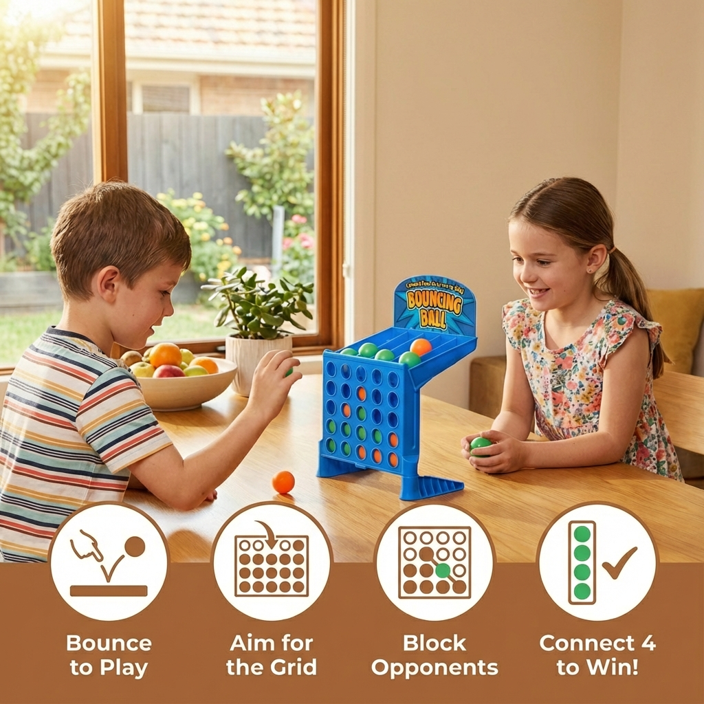 Bounce and Aim Target Game with Colorful Balls and Foldable Grid for Lining Up Four